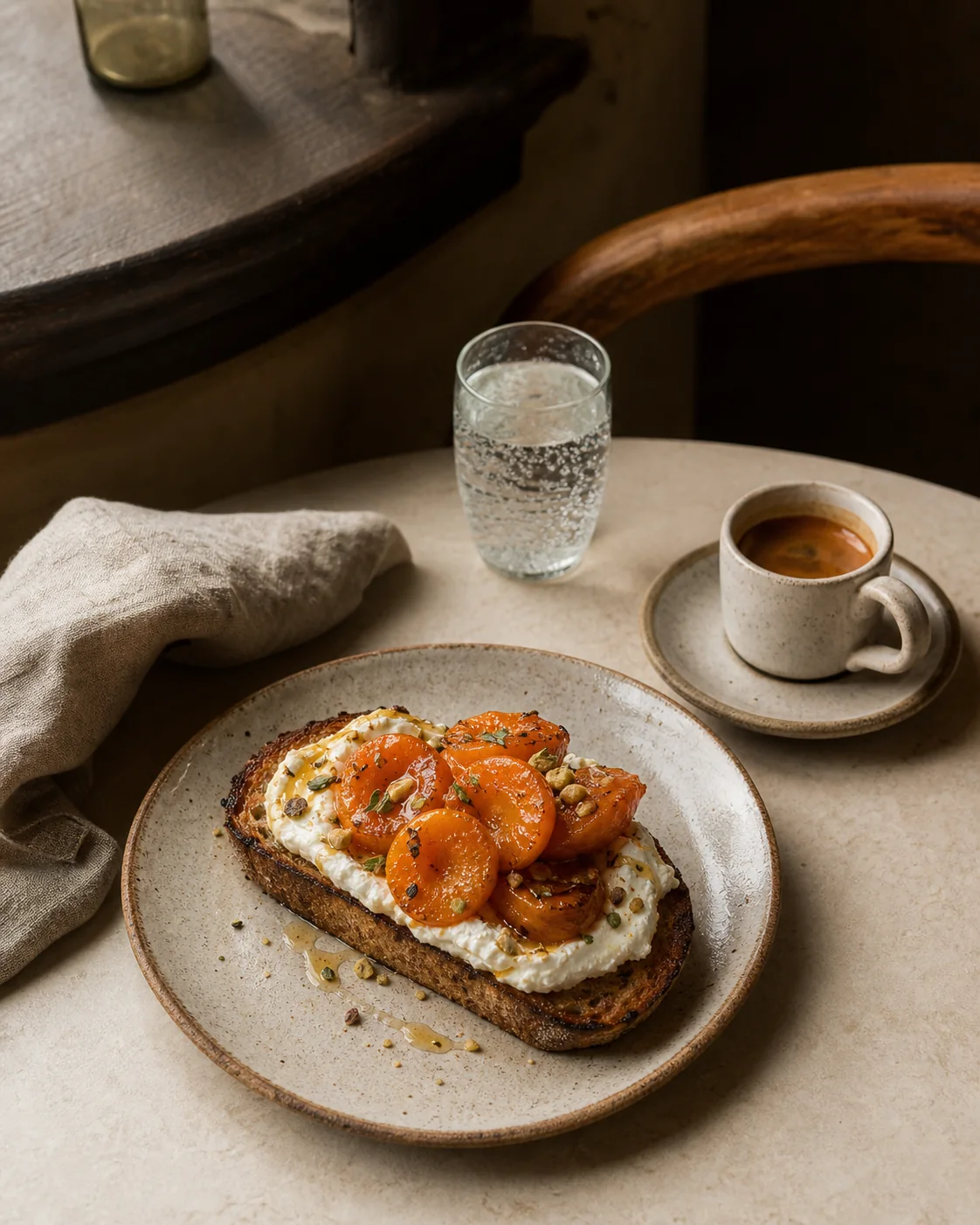 Brunch plate of ricotta toast, apricots, espresso, sparkling water and linen.