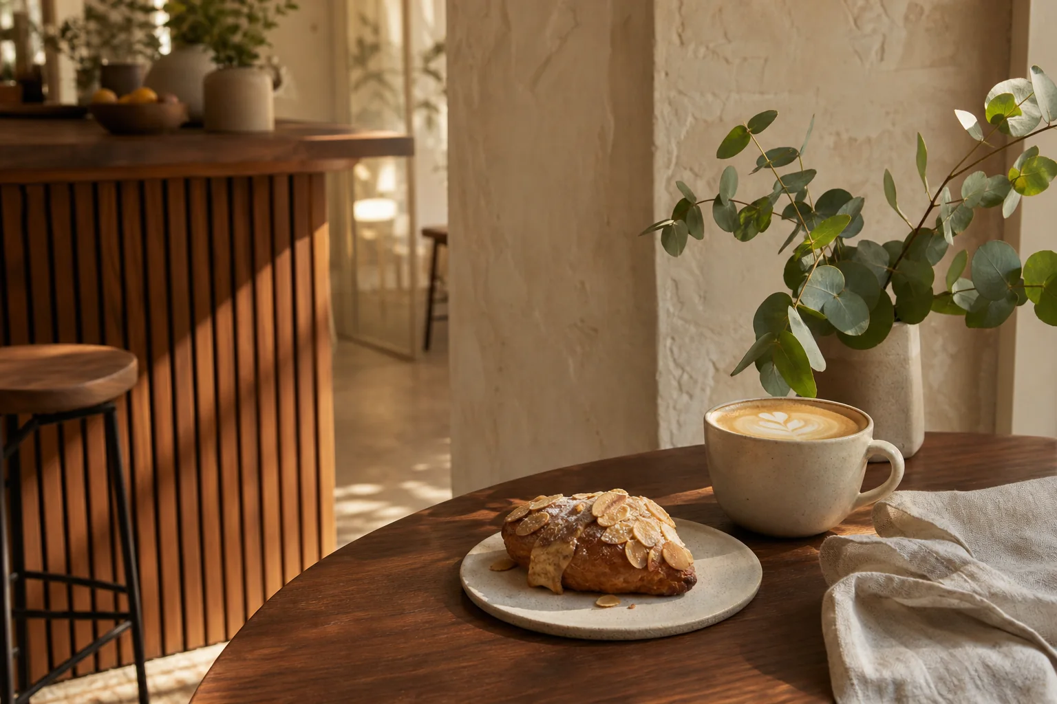 Sunlit café table with a flat white and almond pastry.