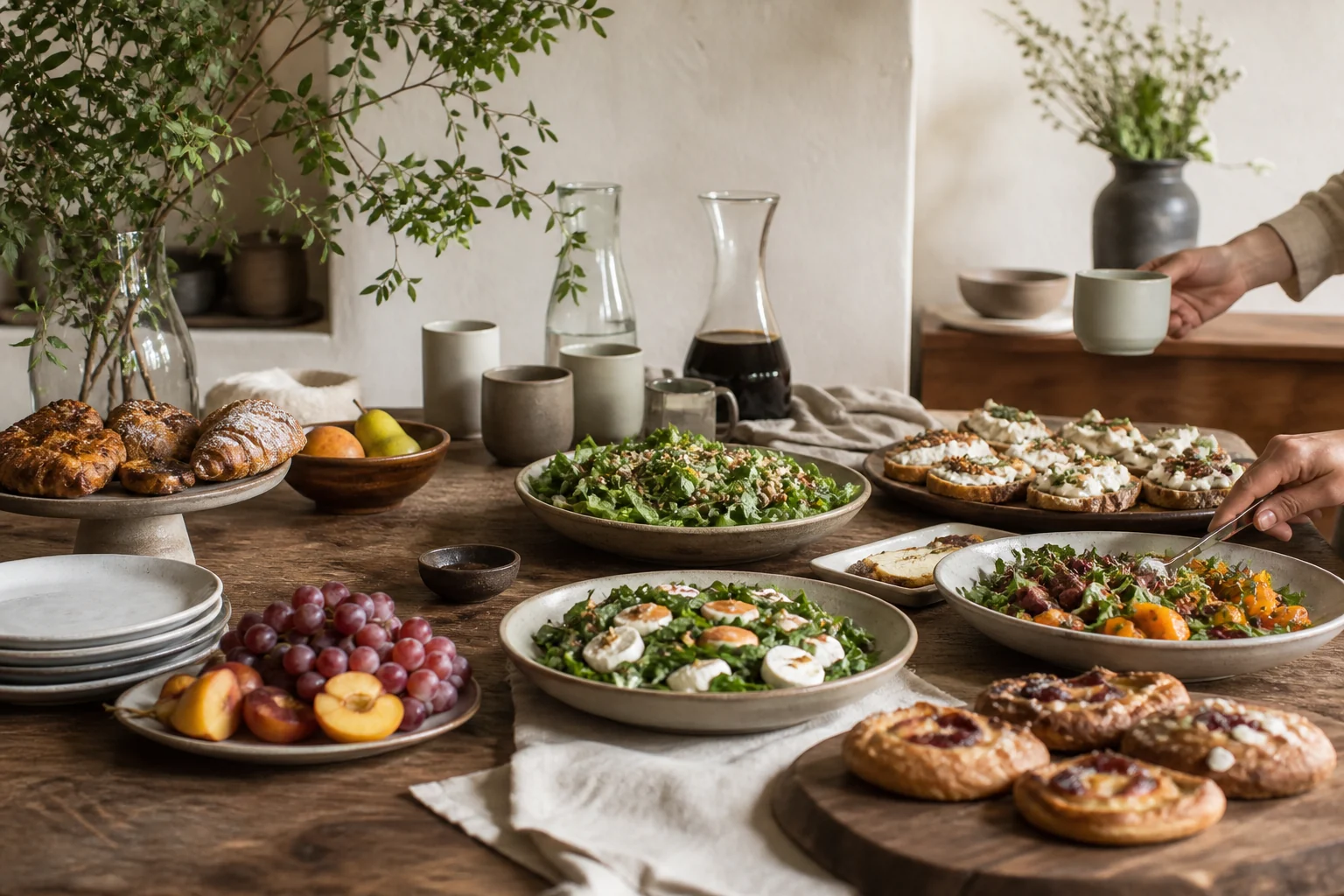 Café catering spread with salads, pastries, fruit, coffee and ceramic tableware.