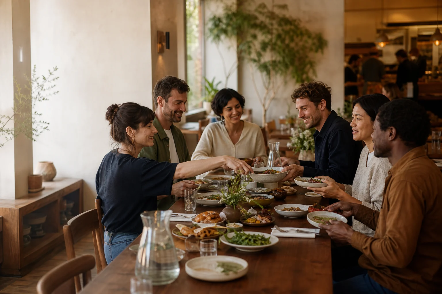 Group of adults enjoying a relaxed shared long lunch in a warm café.