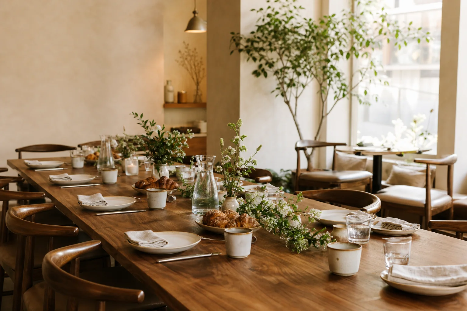 Café table set for an unhurried shared meal with simple ceramics and foliage.