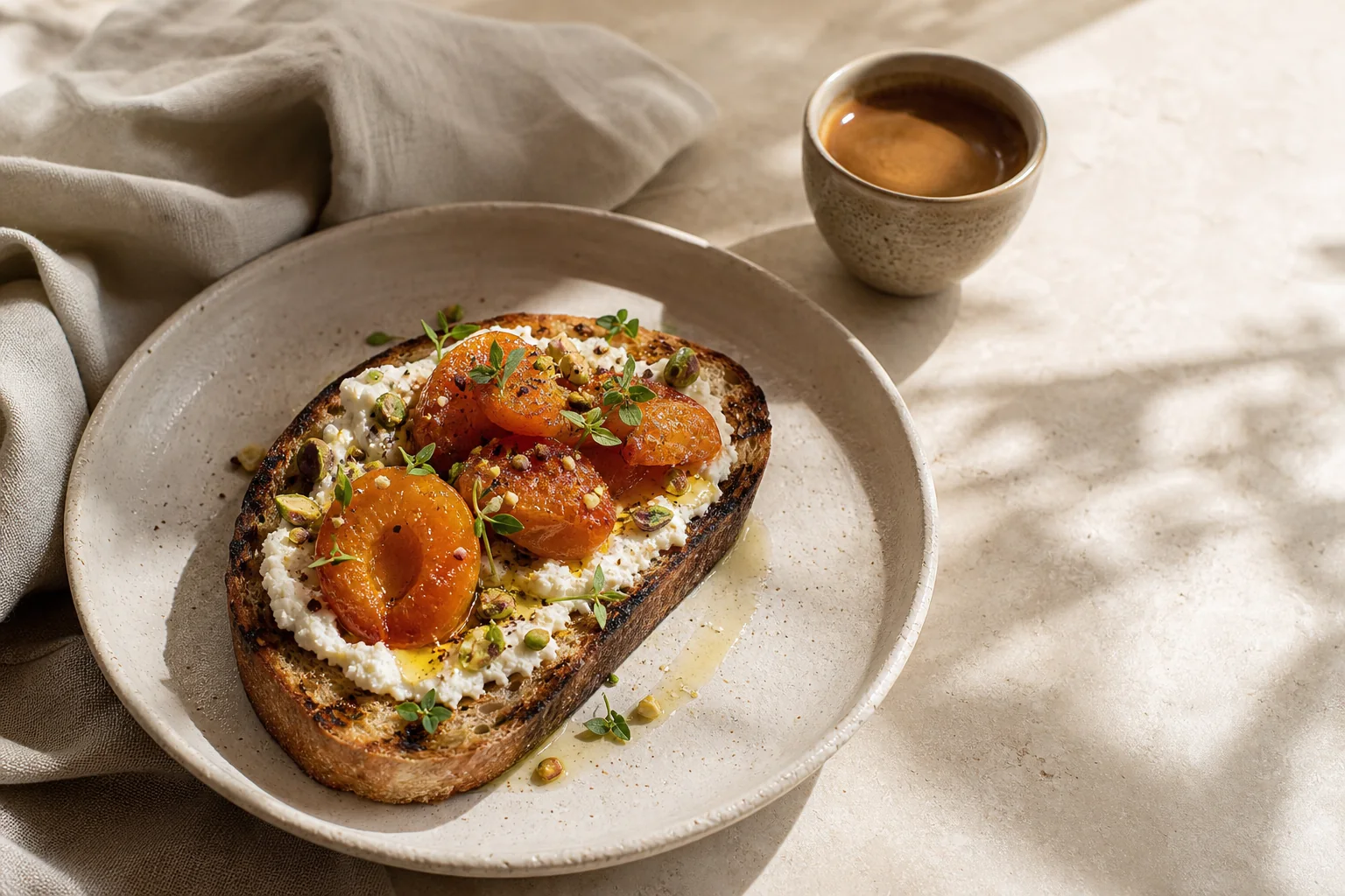 Close food photograph of apricot ricotta toast and coffee on a cream table.