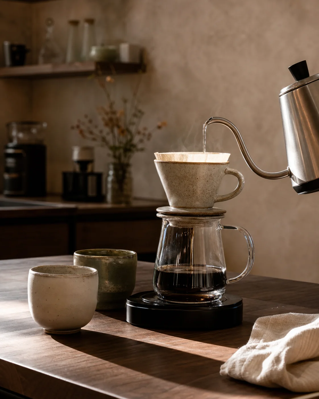 Café counter with a pour-over ritual and warm ceramic cups.