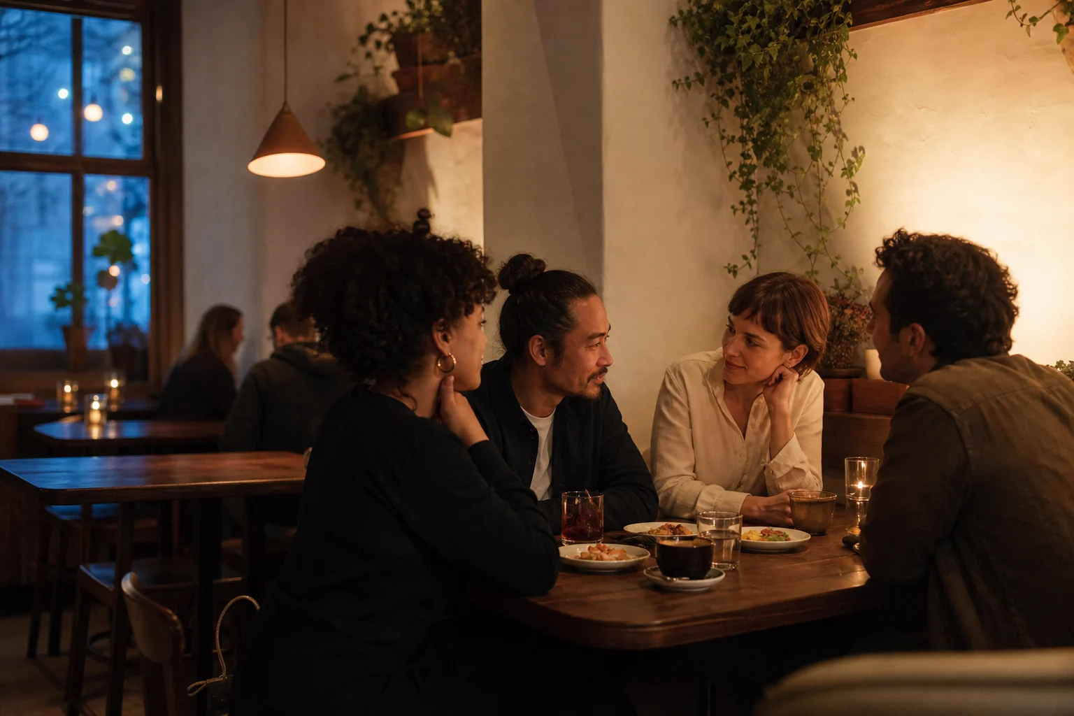 Small group of adults lingering over small plates and drinks in a warmly lit café at early evening.