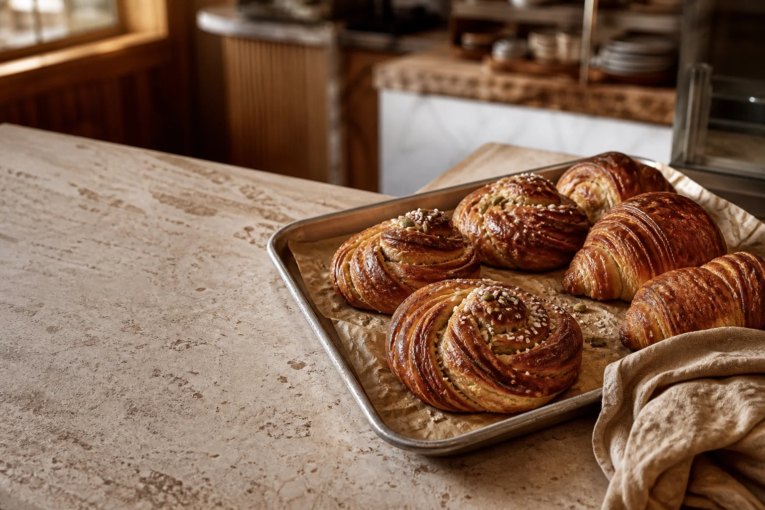 Tray of café pastries in warm window light.