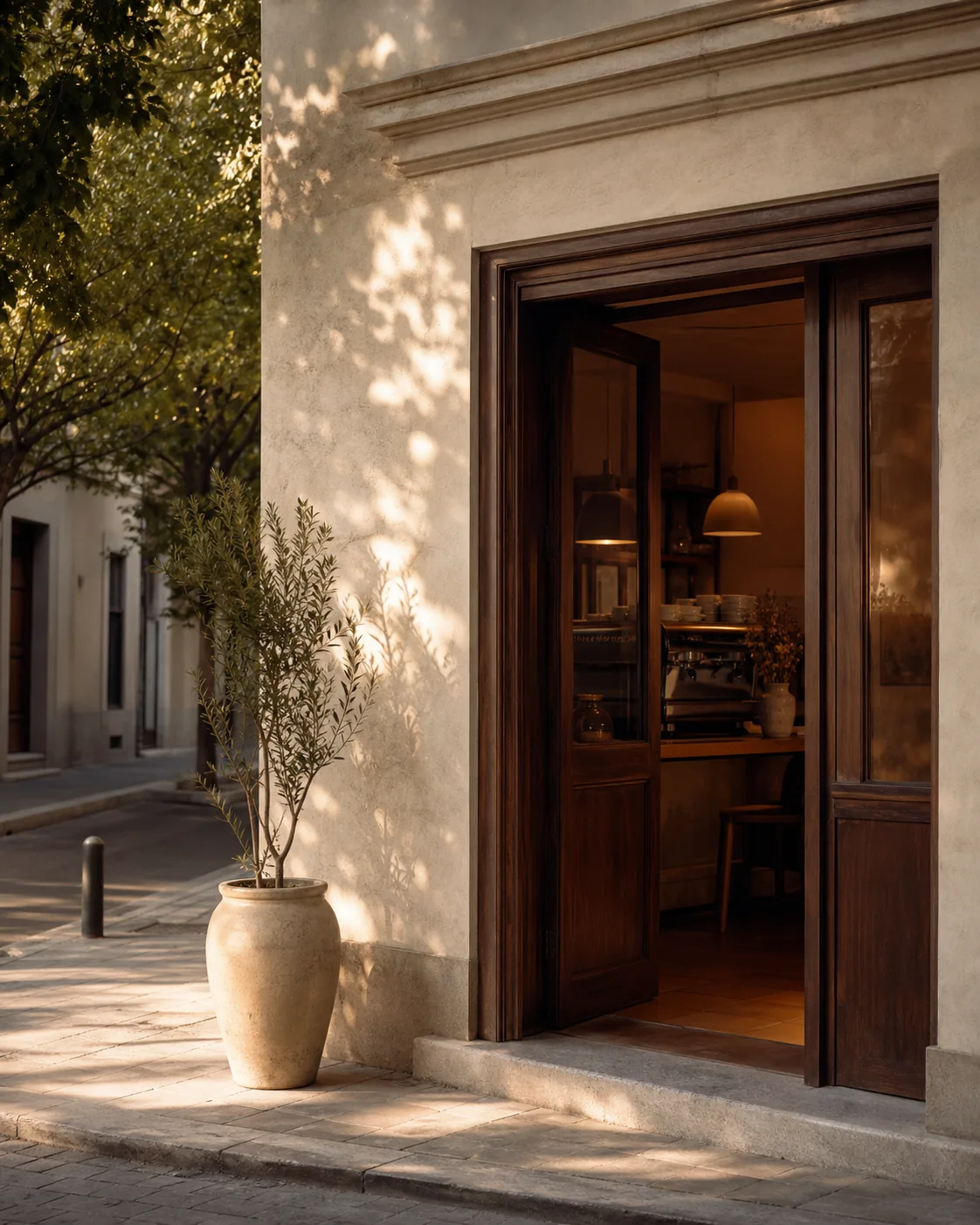 Welcoming café entrance with a timber doorway and tree shadows.